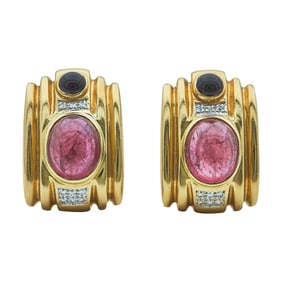 14K Yellow Gold, Tourmaline, Onyx, and Diamond Earrings of Ribbed Rectangular Design