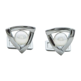 Mikimoto Silver and Pearl Cufflinks of Openwork Triangular Design