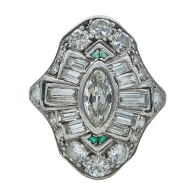 Art Deco Platinum, Diamond, and Calibre Emerald Shield Shaped Ring