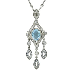 18K White Gold Aquamarine and Diamond Pendant & Necklace