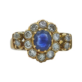 18K Yellow Gold Oval Cut Sapphire and Diamond Cluster Ring