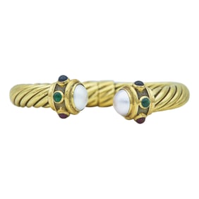 David Yurman 14K Yellow Gold Mabe Pearl, Ruby, Emerald, and Sapphire Set Cable Bangle Bracelet