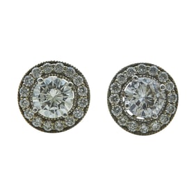 14K White Gold Round Brilliant Cut Diamond Cluster Stud Earrings