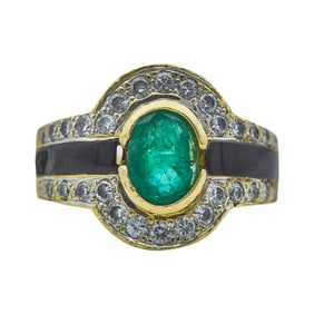 18K Yellow Gold, Emerald, Onyx, and Diamond Halo Ring