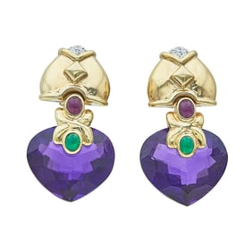 Two Pairs of 14K Yellow Gold Amethyst and Diamond Earrings One with Cabochon Rubies and Emeralds