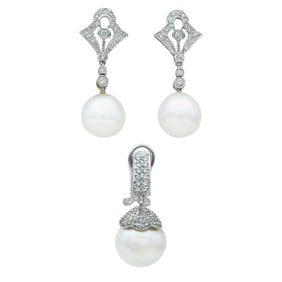 Pair of 18K White Gold, Pearl, and Diamond Earrings with a Mismatched 18K White Gold, Pearl, and