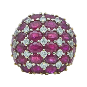 18K Yellow Gold Ruby and Diamond Bombe Cocktail Ring