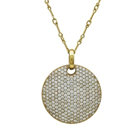 18K Yellow Gold Pave Diamond Circular Pendant and Twisted Cable Link Chain Necklace