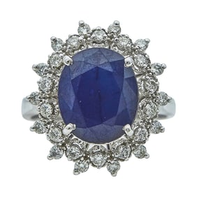 14K White Gold, Oval Cut Sapphire and Diamond Ring