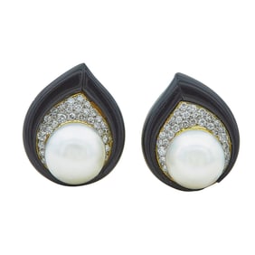 18K Yellow Gold White Pearl, Onyx, and Diamond Earrings