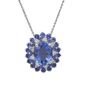 18K White Gold Tanzanite and Diamond Oval Cluster Pendant Necklace