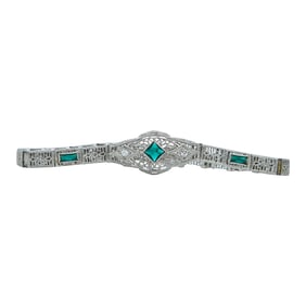 10K White Gold Synthetic Emerald, and Diamond Filigree Bracelet