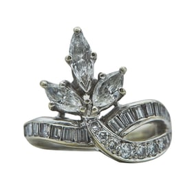 14K White Gold Marquise, Baguette, and Round Cut Diamond Ring