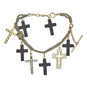 14K Rose Gold Antique Victorian Watch Chain, Gunmetal, and Pearl Cross Charm Bracelet