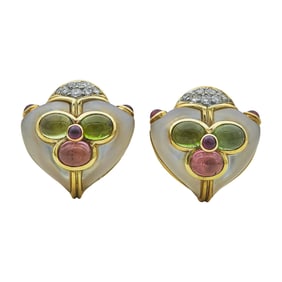 18K Yellow Gold, Mother-of-Pearl, Tourmaline, Diamond and Ruby Earrings