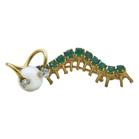 18K Yellow Gold, Pearl, Emerald, and Diamond Caterpillar Brooch Pin