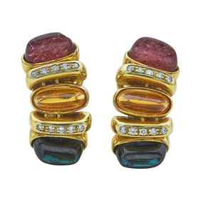 18K Yellow Gold, Tourmaline, Citrine, and Diamond Earrings