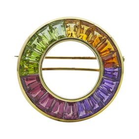 14K Yellow Gold Amethyst, Garnet, Peridot, and Citrine Circle Brooch Pin
