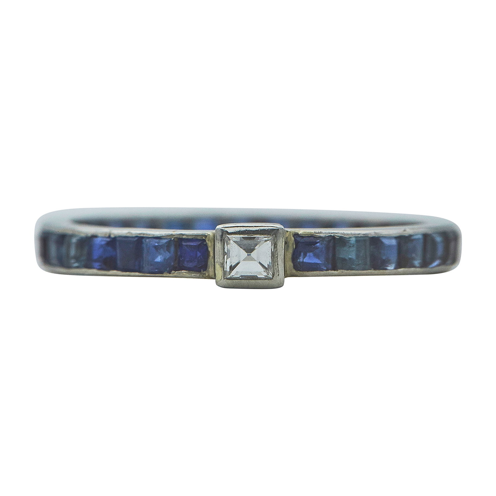 Platinum, Sapphire, and Square Cut Diamond Band Ring (1 of 3)
