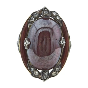 Antique 14K Yellow Gold, Cabochon Garnet, and Diamond Ring
