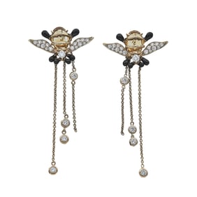 18K Yellow Gold, Citrine, Diamond, and Black Enamel Bumble Bee Pendant Earrings