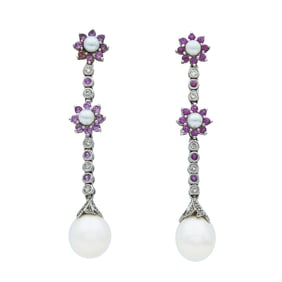 14K White Gold, Pearl, Diamond, and Pink Sapphire Pendant Earrings