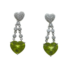 18K White Gold, Heart-Shaped Peridot, and Diamond Drop Pendant Earrings