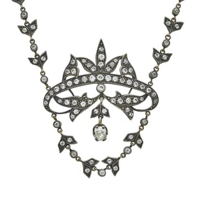 Edwardian Style Silver Topped 18K Rose Gold and Old Mine Cut Diamond Floral Pendant Necklace on a