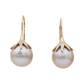 14K Rose Gold, Pink Pearl, and Diamond Pendant Earrings