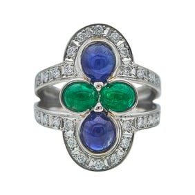 Platinum Sapphire, Emerald, and Diamond Trefoil Shaped Ring