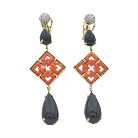 14K Yellow Gold, Onyx, Coral, and Diamond Pendant Earrings
