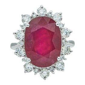 14K White Gold 10.50 Carat Glass-Filled Ruby and Diamond Halo Ring