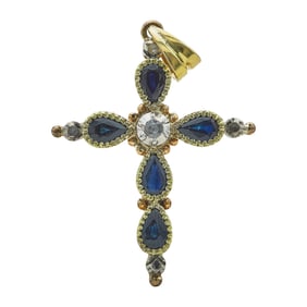 Silver Topped 18K Yellow Gold, Pear Cut Sapphire, and Rose Cut Diamond Cross