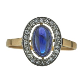 Platinum Topped 14K Yellow Gold Synthetic Sapphire and Diamond Halo Ring