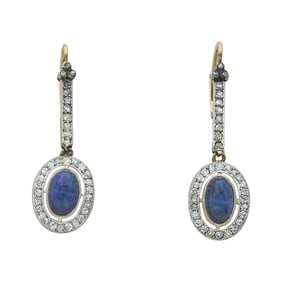Antique Platinum Topped 18K Yellow Gold, Synthetic Sapphire Cabochon, and Diamond Drop Earrings
