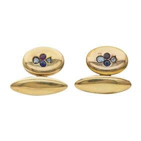 Antique 18K Yellow Gold, Sapphire, Ruby, and Rose Cut Diamond Set Club Cufflinks
