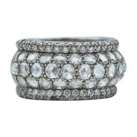 14K White Gold, Rose Cut, and Round Brilliant Cut Diamond Band Ring