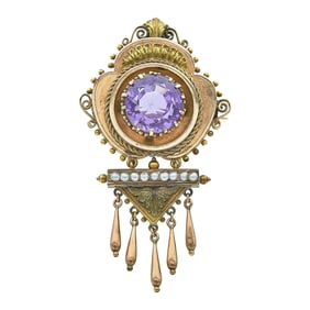 Antique Victorian 18K Yellow and Rose Gold, Amethyst, and Seed Pearl Brooch with 14K Rose Gold,
