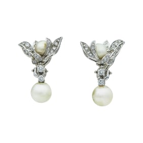 14K White Gold, Cultured Pearl, and Diamond Drop Earrings