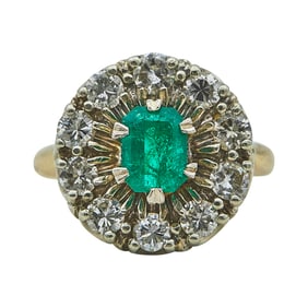 14K Yellow and White Gold, Emerald, and Diamond Cluster Ring