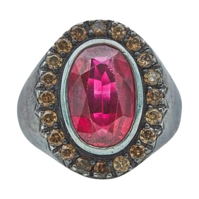 Silver, Synthetic Ruby, and Glass Cluster Ring