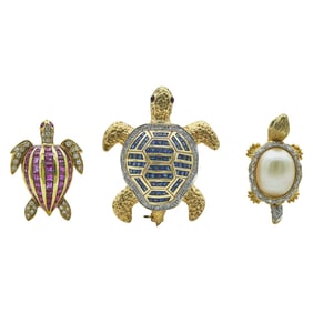 Two 18K Yellow Gold Ruby, Pearl, Diamond, and Emerald Set Turtle Brooch Pins with a Larger 14K