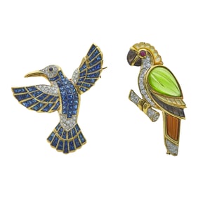 A Set of Two 18K Yellow Gold, Diamond, and Multi-Gem Set Bird Brooch Pins