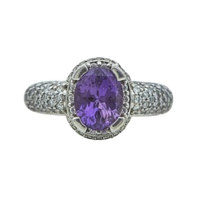 18K White Gold, Purple Sapphire, and Pave Diamond Ring