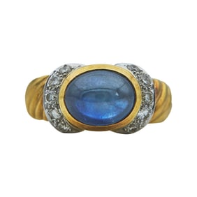 18K Yellow and White Gold, Cabochon Sapphire, and Diamond Ring