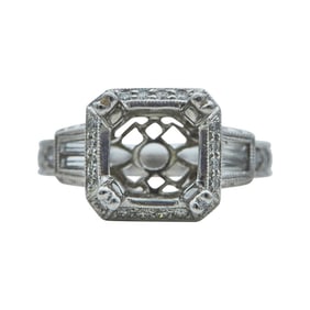 Platinum Round and Tapered Baguette Cut Diamond Engagement Ring Mounting