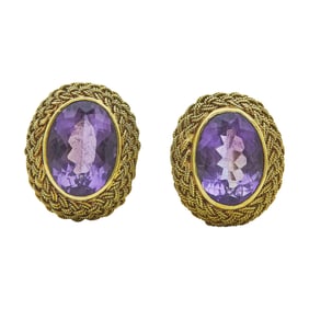 18K Yellow Gold and Amethyst Earrings with Woven Gold Settings