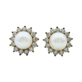Tiffany & Co. 18K Yellow Gold, Cultured Pearl, and Diamond Cluster Earrings