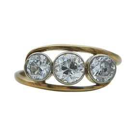Platinum Topped 14K Yellow Gold Three Stone Old European Cut Diamond Ring
