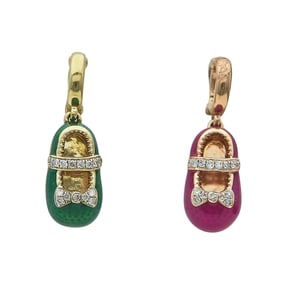 14K Yellow Gold, Green Enamel, Pink Enamel, and Diamond Shoe Pendant Charms